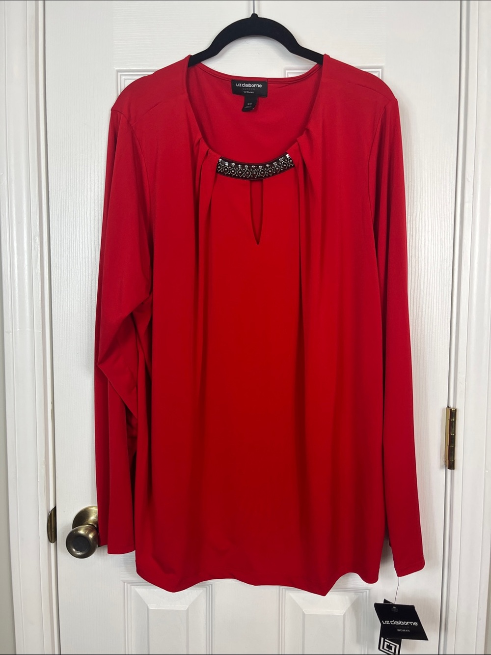 NWT Liz Claiborne red long sleeved top size 2X. Has beaded accent front collar.